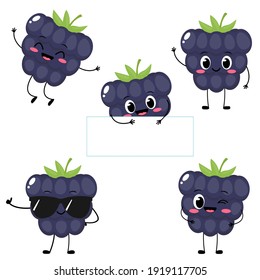 Cute happy blackberry character set. Funny berry emoticon in flat style. Cartoon fruit emoji vector illustration