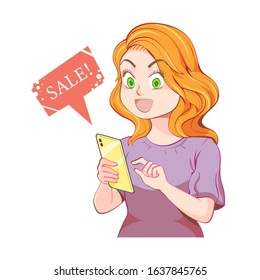 Cute happy blonde girl holding cellphone, using mobile for shopping online. Woman pointing at smartphone. Flat cartoon vector illustration.