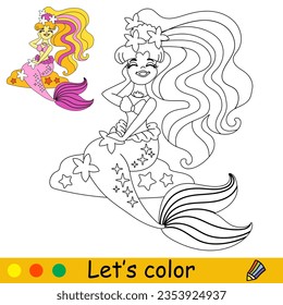 Cute and happy blonde mermaid with a pink tail. Vector cartoon black and white illustration. Kids coloring page with a color sample. For print, design, poster, sticker, card, decoration,t shirt design