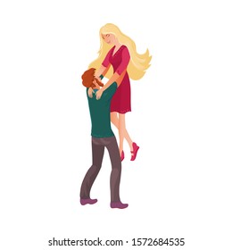Cute happy blonde woman in red dress jumping into man s embrace. Vector illustration in flat cartoon style.