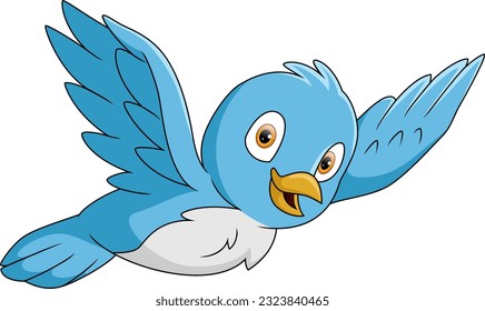 Cute happy blue bird cartoon flying