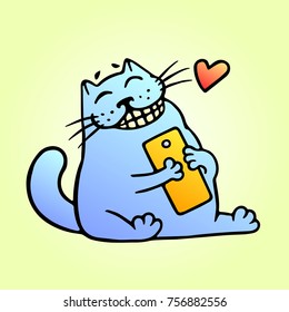 Cute happy blue cat hugs a gift smartphone. Vector Illustration. Fat emoticon character.