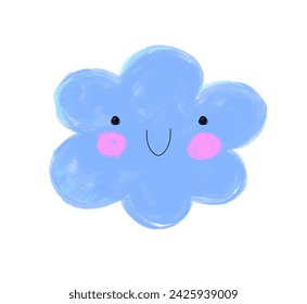 Cute Happy Blue Cloud. Lovely Hand Drawn Vector Illustration with Happy Smiling Cloud on a White Background. Childish Drawing-like Nursery Art Perfect for Card, Wall Art, Kids' Room Decoration. RGB.