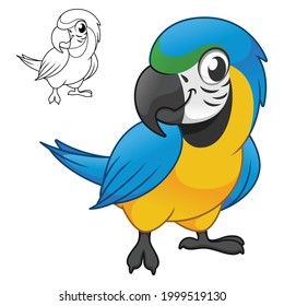 Cute Happy Blue and Gold Macau Parrots Standing with Line Art Drawing, Animal Birds, Vector Character Illustration, Cartoon Mascot Logo in Isolated White Background.