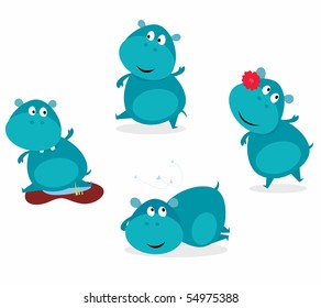 Cute happy blue hippopotamus in four poses. Vector cartoon Illustration of cute blue happy hippo.