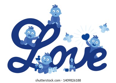 Cute happy blue toddlers on white background. Little kids sitting on a handwritten retro love word with heart symbol. Parents and their children feelings. Parenting and childhood. Vector Illustration