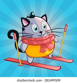 Cute and happy blue vector cat with skis 