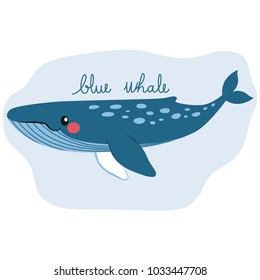 Cute happy blue whale on water underwater with text