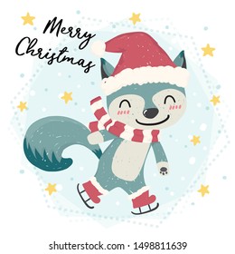 cute happy blue wild animal fox skating in snow, merry Christmas, flat vector