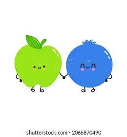 Cute happy blueberry and green apple. Vector hand drawn doodle style cartoon character illustration icon design. Card with cute happy blueberry and green apple