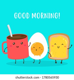cute happy boiled egg, bread and cup of coffee vector design, can be use to make poster