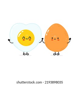 Cute happy boiled egg and fried egg card. Vector hand drawn doodle style cartoon character illustration design. Happy boiled egg and fried egg friends concept card