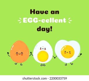 Cute happy boiled egg and fried egg card. Vector hand drawn doodle style cartoon character illustration icon design. Happy boiled egg and fried egg friends concept card