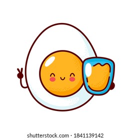 Cute happy boiled egg with orange juice glass. Vector flat line cartoon kawaii character icon. Hand drawn style illustration. Isolated on white background