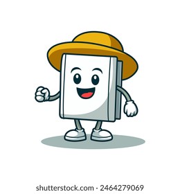 cute happy book cartoon character with yellow hat vector illustration template design