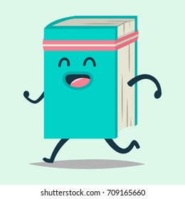 Cute happy Book cartoon character doing sports jogging. Vector flat icon isolated on background.