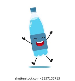 Cute happy bottle of water character. Funny victory jump celebration mineral water cartoon emoticon in flat style. water bottle vector illustration