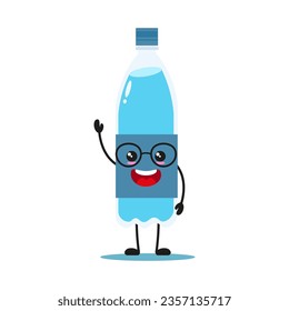 Cute happy bottle of water character wear eyeglasses. Smiling and greet mineral water cartoon emoticon in flat style. water bottle vector illustration