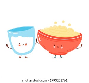 Cute Happy Bowl Of Oatmeal Porridge And Milk Glass. Isolated On White Background. Vector Cartoon Character Hand Drawn Style Illustration. Oat Breakfast Cup,yogurt,bowl,cereal,milk Cartoon Kid Concept