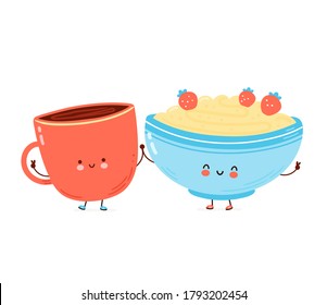 Cute happy bowl of oatmeal porridge and coffee cup. Isolated on white background. Vector cartoon character hand drawn style illustration. Oat breakfast cup concept