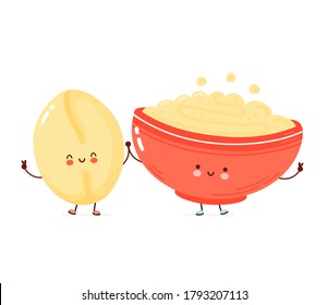 Cute happy bowl of oatmeal porridge and oat grain. Isolated on white background. Vector cartoon character hand drawn style illustration. Oat breakfast cup concept