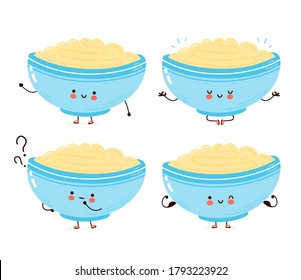 Cute happy bowl of oatmeal porridge set collection. Isolated on white background. Vector cartoon character hand drawn style illustration. Oat breakfast cup concept