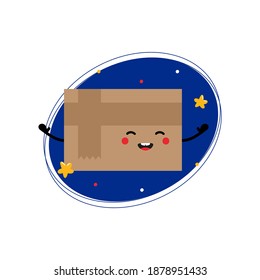 Caracteres de caja alegres en frente del espacio, fondo azul cósmico para el diseño de entrega.
