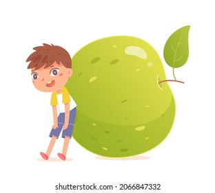 Cute happy boy and apple healthy fruit vector illustration. Cartoon small funny child character standing near big green vitamin apple, children love to eat sweet fruit dessert isolated on white