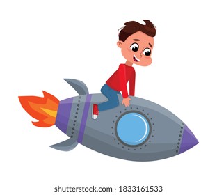 Cute Happy Boy Astronaut Riding Space Rocket Toy, Little Boy Playing Astronauts Cartoon Style Vector Illustration