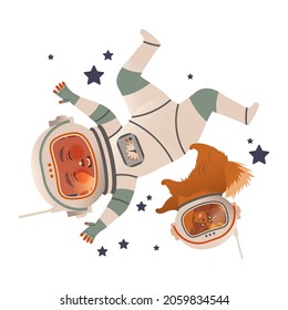 Astronauta de chico feliz con traje espacial que vuela con su perro. El elemento de diseño se puede utilizar para la impresión infantil, libros, pegatinas, carteles e ilustraciones vectoriales