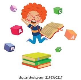 cute happy boy bouncing with books and letter cubes