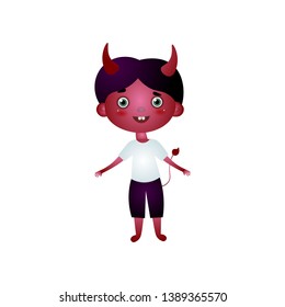 Cute happy boy in devil costume with red mask face