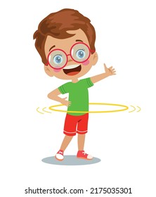 Cute And Happy Boy Doing Hoop Spin Gymnastics