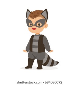 Cute happy boy dressed as a raccoon, kids carnival costume vector Illustration