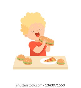 Cute Happy Boy Eating Burger, Kid Enjoying Eating of Fast Food Vector Illustration