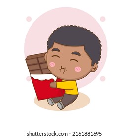 Cute happy boy eating chocolate. Chibi cartoon character. Vector art illustration