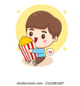 Cute happy boy eating popcorn. Chibi cartoon character. Vector art illustration