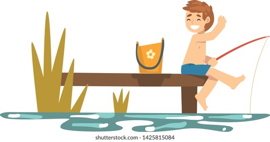 Cute Happy Boy Fishing from Pier into Sea or River Shore, Fisherman Cartoon Character with Fishing Rod Vector Illustration