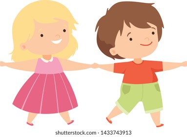 Cute Happy Boy and Girl Holding Hands, Cute Happy Kids Having Fun Cartoon Vector Illustration