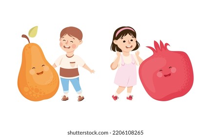 Cute happy boy and girl playing with pear and pomegranate big fruit set cartoon vector illustration