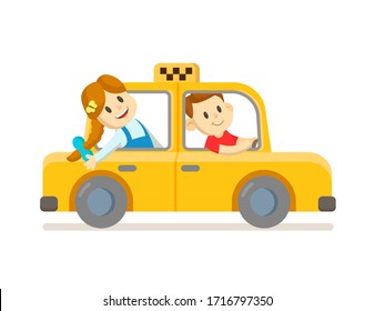 Cute happy boy and girl riding in yellow taxi cab. Colorful flat vector illustration, isolated on white background.