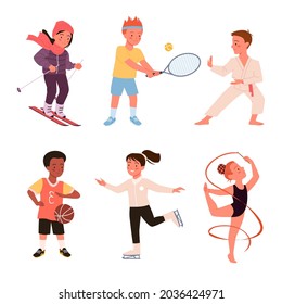 Cute happy boy girl run, child play, baseball and tennis, active young children characters isolated on white. Kids doing sports exercises set vector illustration, sport school.