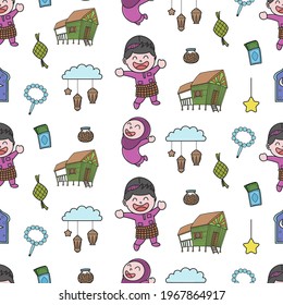 Cute happy boy and girl, Selamat Hari Raya meaning Eid Mubarak seamless pattern doodles, cartoon, child, childish, wallpaper, print, art
