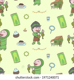 Cute happy boy and girl, Selamat Hari Raya meaning Eid Mubarak, background, seamless pattern, repeat, print, art