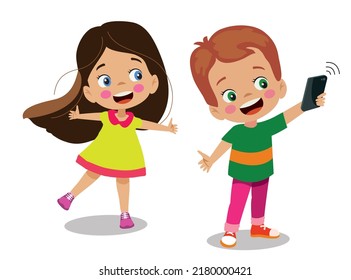 Cute Happy Boy And Girl Taking Selfie