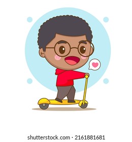 Un chico feliz con gafas montando una moto. Chibi caricatura sobre el personaje. Ilustración de vectores