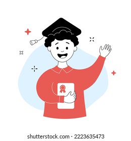 Cute happy boy in graduation cap holding diploma. Joyful kid waving his hand in greeting. Smiling boy celebrating at school graduation ceremony cartoon thin line vector illustration