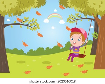 Cute happy boy having fun on a swing in autumn 2d cartoon vector illustration