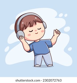 Cute happy boy with headphone listening music kawaii chibi flat outline cartoon character