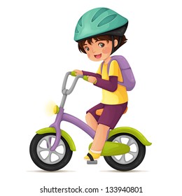 Cute happy boy in helmet riding a bike.